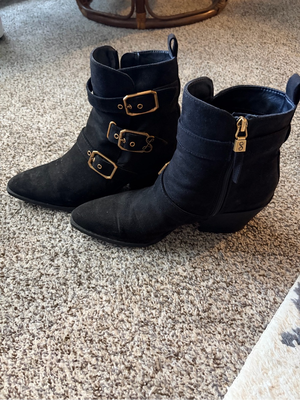 Sam & Libby Black Suede Ankle Booties with Gold Buckles